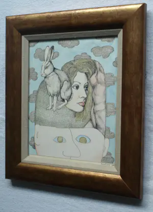 Henny van Diest - Ingelijst, Gemengde techniek, Vrouw met Konijn – Lijst, 39 x 34 cm - 1980 kopen? Bied vanaf 70!