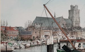 Ciano Siewert - Aquarel | 'Haven van Dordrecht, met de Grote kerk' | 1993 kopen? Bied vanaf 575!