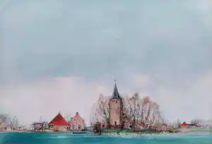 Ciano Siewert - Dorp aan het water, tekening / aquarel (netjes ingelijst, groot) kaufen? Bieten Sie von 100!