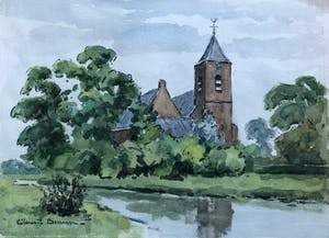 Clement Bezemer - zicht op onbekend plaatsje met kerk aan water kopen? Bied vanaf 25!