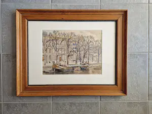 George Lourens Kiers - Sfeervol aquarel "boot aan de gracht" + 2 tekeningen Dordrecht en de Lek kopen? Bied vanaf 79!
