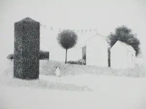 Metten Koornstra - Surrealistisch landschap met huizen en meisje - Litho kopen? Bied vanaf 50!