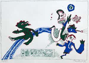 Lucebert - Kleurenlitho | 'Knechten van Vishnu' | 1972 verkocht voor € 200!