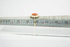 94 - Klassieke 14krt geelgouden ring met grote cabuchon geslepen bloedkoraal. kopen? Bied vanaf 90!