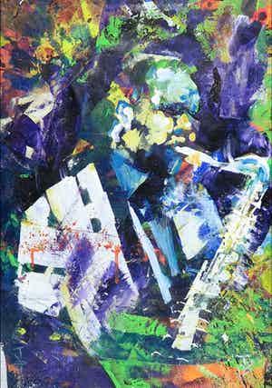 Niet of onleesbaar gesigneerd - Acryl op doek, Saxofonist verkocht voor € 1!