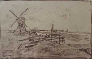 Adrianus Miolee - Molen aan de Vliet. Polderlandschap. Voorschoten.. kopen? Bied vanaf 89!