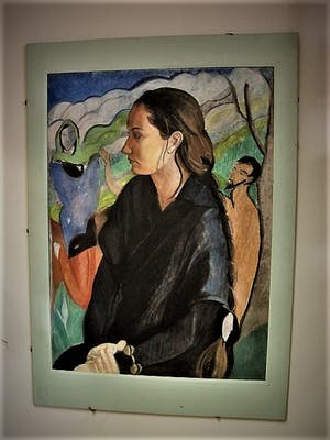 Niet of onleesbaar gesigneerd - Intrigerende gemengde techniek "damesportret met figuren" MEGAGROOT! kopen? Bied vanaf 1!