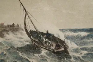 Andreas Schelfhout - zeegezicht vissersboot in de branding op Scheveningen kopen? Bied vanaf 60!