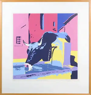 Marco Kooiman - Zeefdruk, Cow drinking at fountain - Ingelijst kaufen? Bieten Sie von 40!