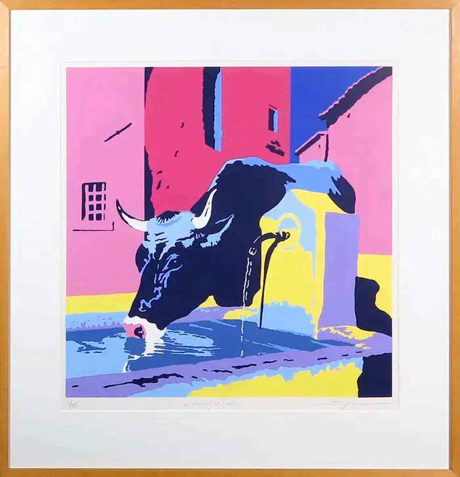 Marco Kooiman - Zeefdruk, Cow drinking at fountain - Ingelijst verkocht voor € 40!