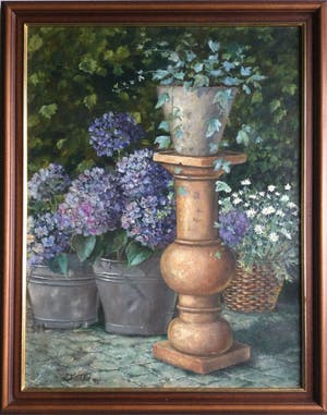 Leonie Maréchal - stilleven met hortensia's, hedera en margriet kopen? Bied vanaf 85!