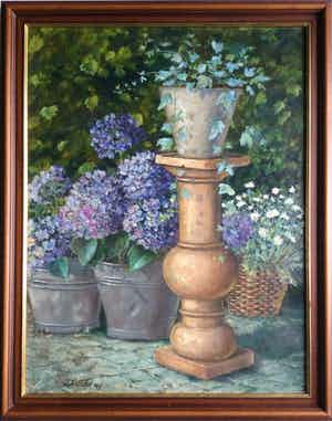 Leonie Maréchal - stilleven met hortensia's, hedera en margriet verkocht voor € 85!