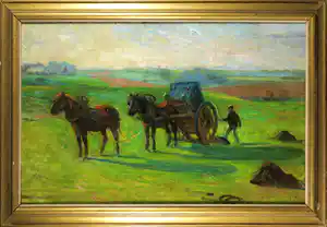 Jacobus Doeser - Olieverf op doek, Twee paarden met wagen in Limburgs landschap - Ingelijst verkocht voor € 350!