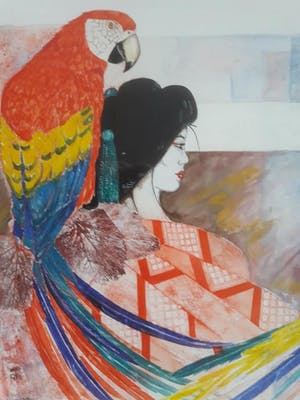 Greetje Korne - Faber - Japanse dame met ara's. kopen? Bied vanaf 79!