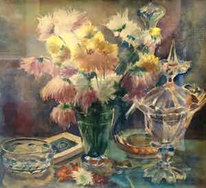 Pieter Herfst - C3739-3 - Chrysanten en kristallen vaas verkocht voor € 95!