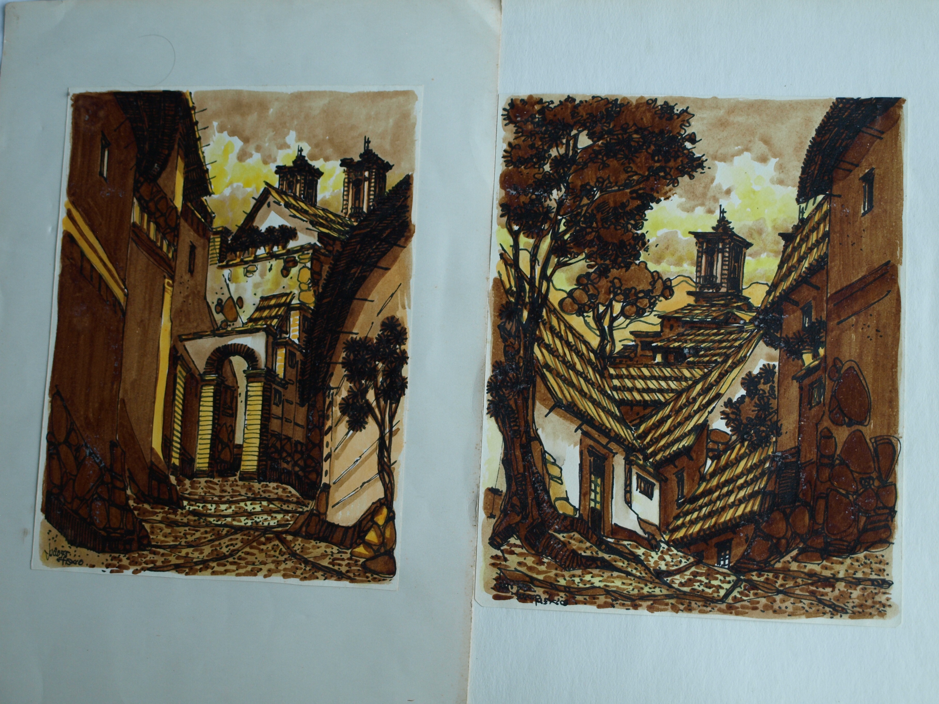 Niet of onleesbaar gesigneerd - 2 Aquarellen , Dorpsgezichten - gesigneerd kopen? Bied vanaf 1!