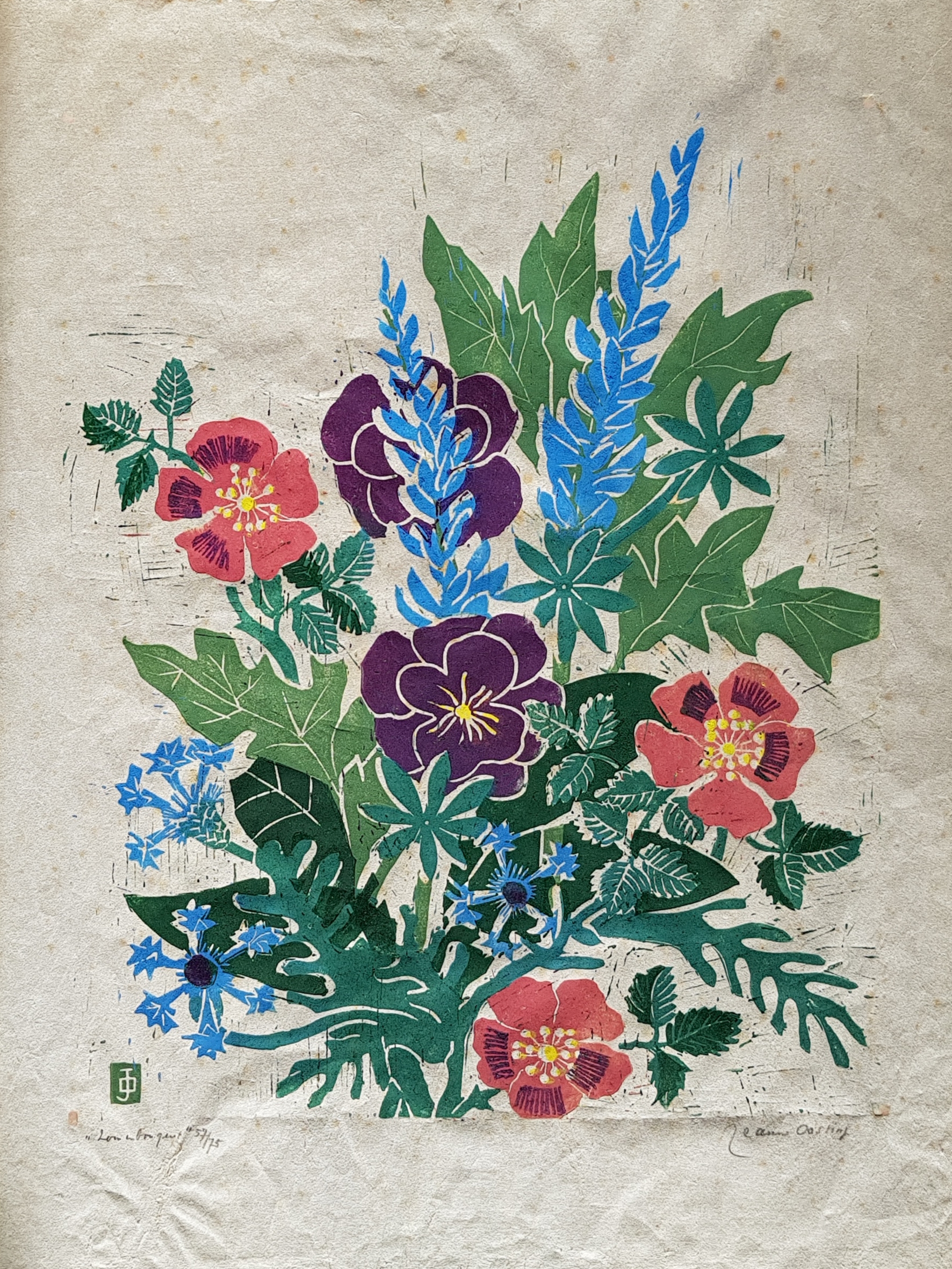 Jeanne Bieruma Oosting - Houtsnede zomerbouquet, gesigneerd kopen? Bied vanaf 45!