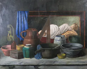 A. Brouwer - Olieverf op doek, Stilleven met schilderij en aardewerk - Ingelijst kopen? Bied vanaf 1!