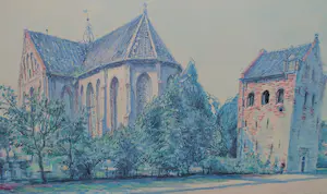 Johan Dijkstra - lot van 2: houtsnede Concours Hippique & ingelijste litho kerk te Noordbroek kopen? Bied vanaf 60!