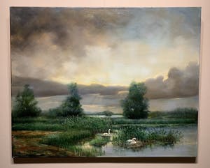 Rob Hessels - Broedend zwanenpaar in landschap. kopen? Bied vanaf 200!