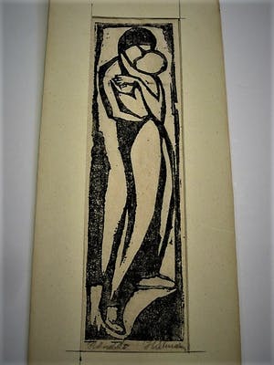 Henk Schuurman - Fraaie ca. 1930 kubistische Houtsnede - Moeder en kind - gesigneerd kopen? Bied vanaf 30!