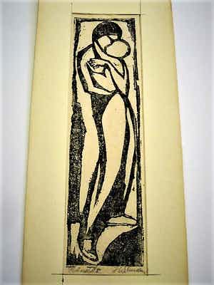 Henk Schuurman - Fraaie ca. 1930 kubistische Houtsnede - Moeder en kind - gesigneerd verkocht voor € 30!