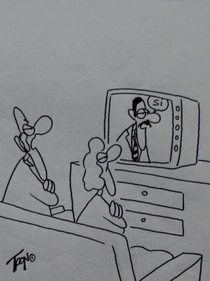 Toon van Driel - 2 Pentekeningen: Toon op vakantie - "Wat is er op het...?/Un blikos doperwtos" kopen? Bied vanaf 100!