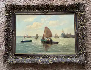 Buy J. van Delden - Havengezicht met zeilschepen en stoomboot? Bid from 350!