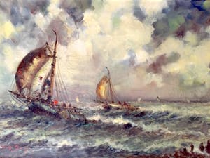 Willem Bos - Platbodems op woelige zee - Olieverf op Doek, Klassieke, grote lijs kopen? Bied vanaf 299!