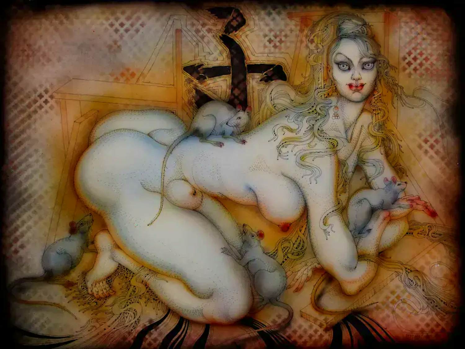 Anatolij Rafailovic Brusilovskij - Gouache: naakte vrouw met muizen kopen? Bied vanaf 299!