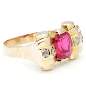 Geelgouden 18 karaats tankring bezet met roosdiamant en robijn van ca. 2.09 .ct kopen? Bied vanaf 275!