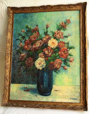 H. Gooyer - Olieverf op doek - 85 x 68 cm , Rozen in een vaas – ingelijst verkocht voor € 75!