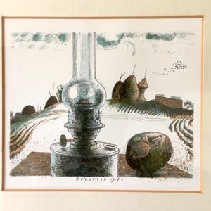 Herman Berserik - Olielamp met fruit - Lithografie, Ingelijst kopen? Bied vanaf 109!