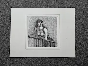 Theo  l' Herminez - Magisch realistische - 1971 - Sepia/Inkt tekening "vrouw op balkon" gesigneerd kopen? Bied vanaf 182!