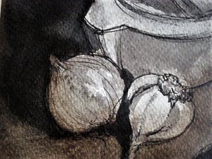 Niet of onleesbaar gesigneerd - Spanje 1973 gestileerd (keuken) stilleven "Vijzel,uien en knoflook" ges. RUEDA kopen? Bied vanaf 1!