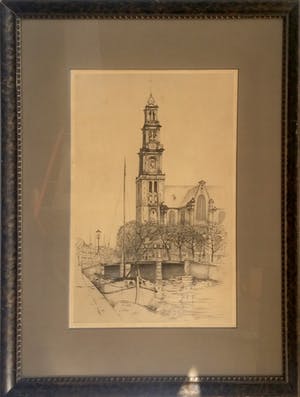 Niet of onleesbaar gesigneerd - Westerkerk Amsterdam vanaf Prinsengracht - ets kopen? Bied vanaf 1!