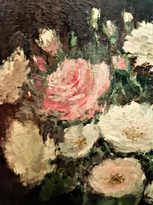 Niet of onleesbaar gesigneerd - Begin 20e eeuw naïef geschilderd olieverf "pioenrozen in glas" gesigneerd kopen? Bied vanaf 1!