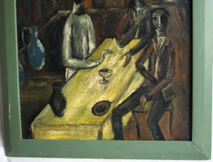 Niet of onleesbaar gesigneerd - Olieverf op board , “Aan de tafel” – gesigneerd & ingelijst kopen? Bied vanaf 10!