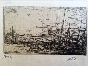 Marius Bauer - Smyrna (Izmir). Zicht op schepen voor de kust van Smyrna. Ets. verkocht voor € 35!