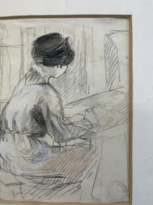 Leo Gestel - De vrouw van de kunstenaar aan het tekenen - met atelierstempel kopen? Bied vanaf 240!
