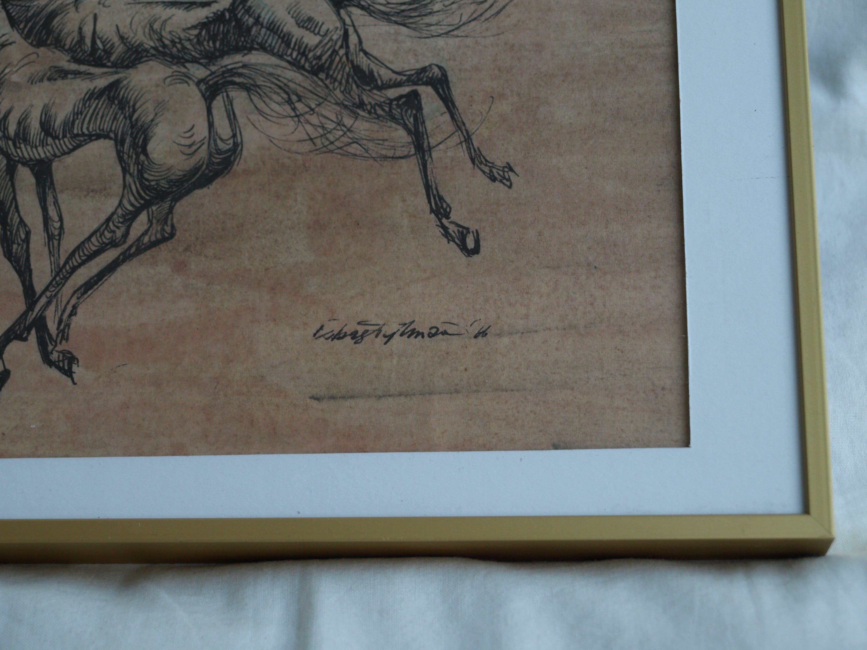 Klaas Pijlman - Pentekening , 3 Paarden – gesigneerd & ingelijst – 1966 kopen? Bied vanaf 35!