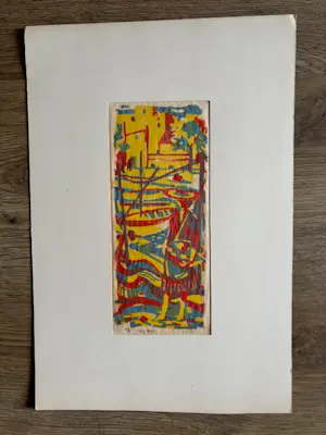 Geert Geerligs - linosnede met kleurrijk havengezicht met personen bij kade kopen? Bied vanaf 35!