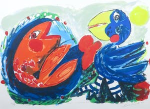 John Lie a Fo - Zeefdruk, Bleu oiseaux red fish - Ingelijst kopen? Bied vanaf 30!