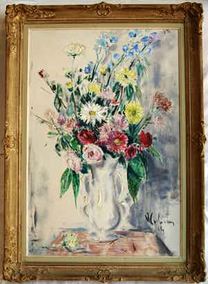 Niet of onleesbaar gesigneerd - Olieverf doek, “Bloemstilleven” – ingelijst – Groot – gesigneerd verkocht voor € 1!