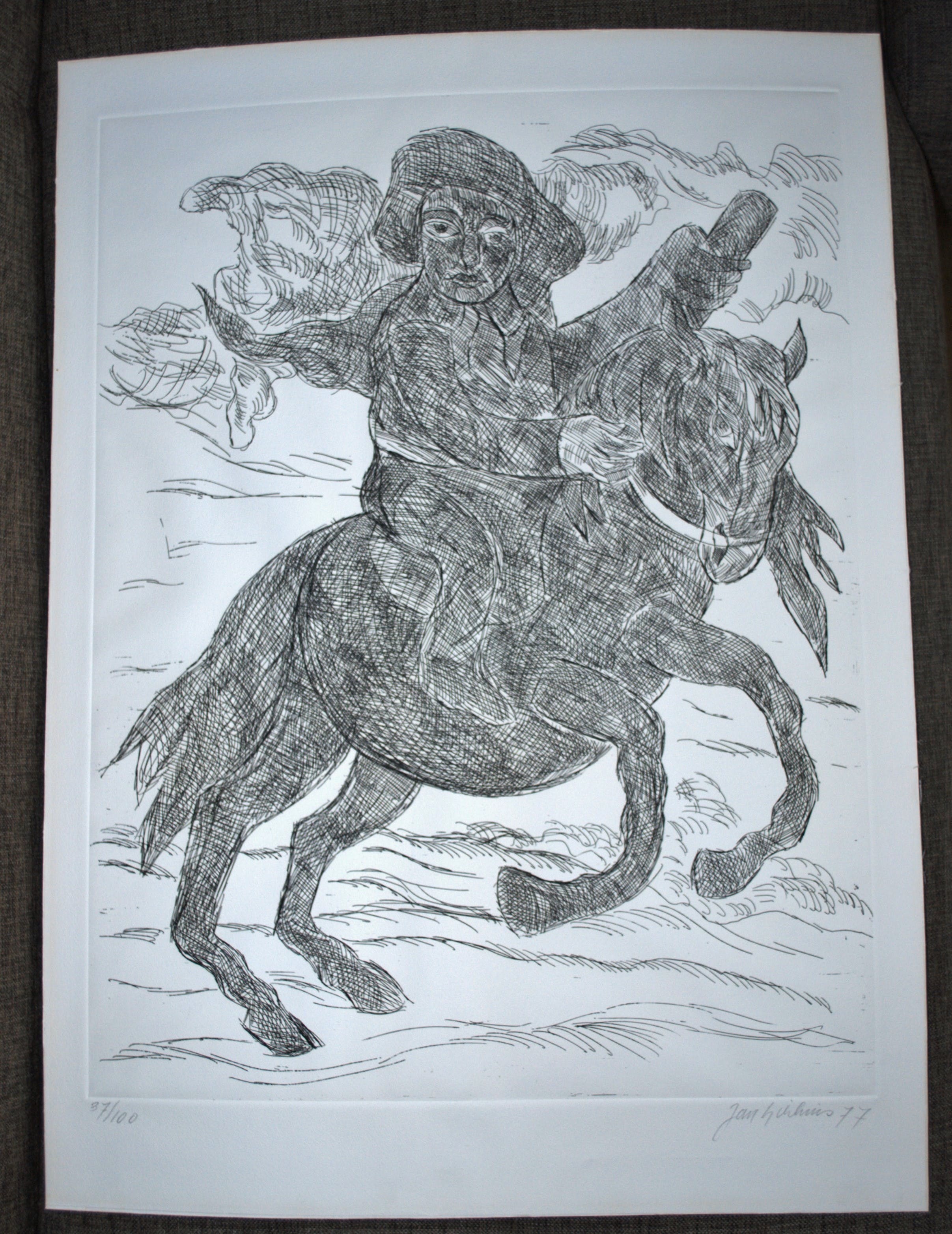 Jan Sierhuis - grote ets - ruiter verkocht voor € 35!