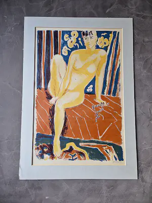 Jan Wiegers - fraaie en grote E.A. kleuren houtsnede - vrouwelijk naakt - handgesigneerd kopen? Bied vanaf 145!