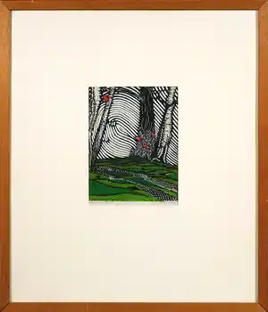 Gunther Borst - Linosnede, Bosgrond - Ingelijst verkocht voor € 20!