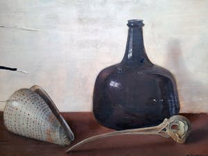 Remmet Ouwejan - Schelp, vogelschedel en fles - olieverf op paneel kopen? Bied vanaf 1!