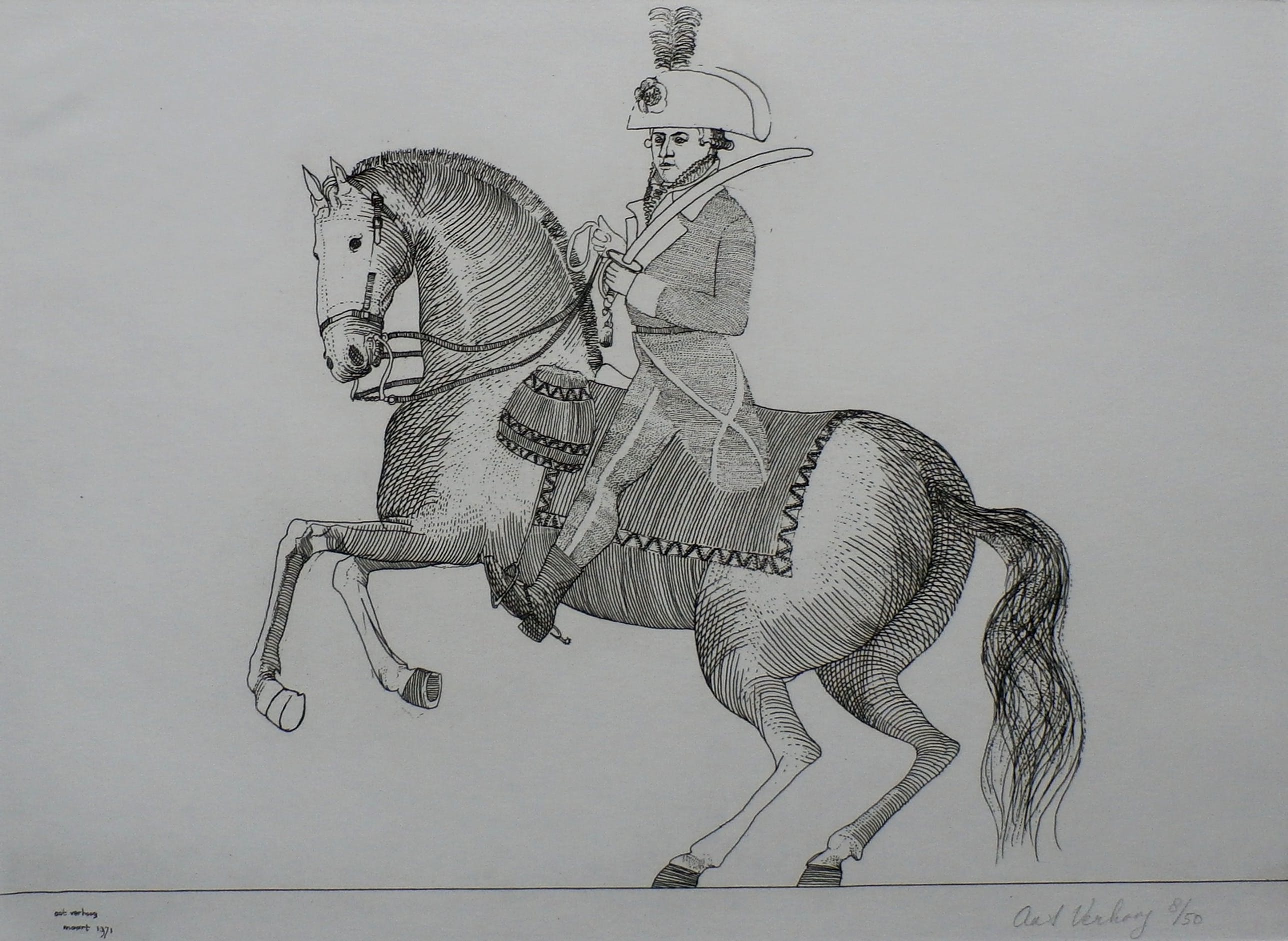 Aat Verhoog - ets: man op paard - 1971 verkocht voor € 50!
