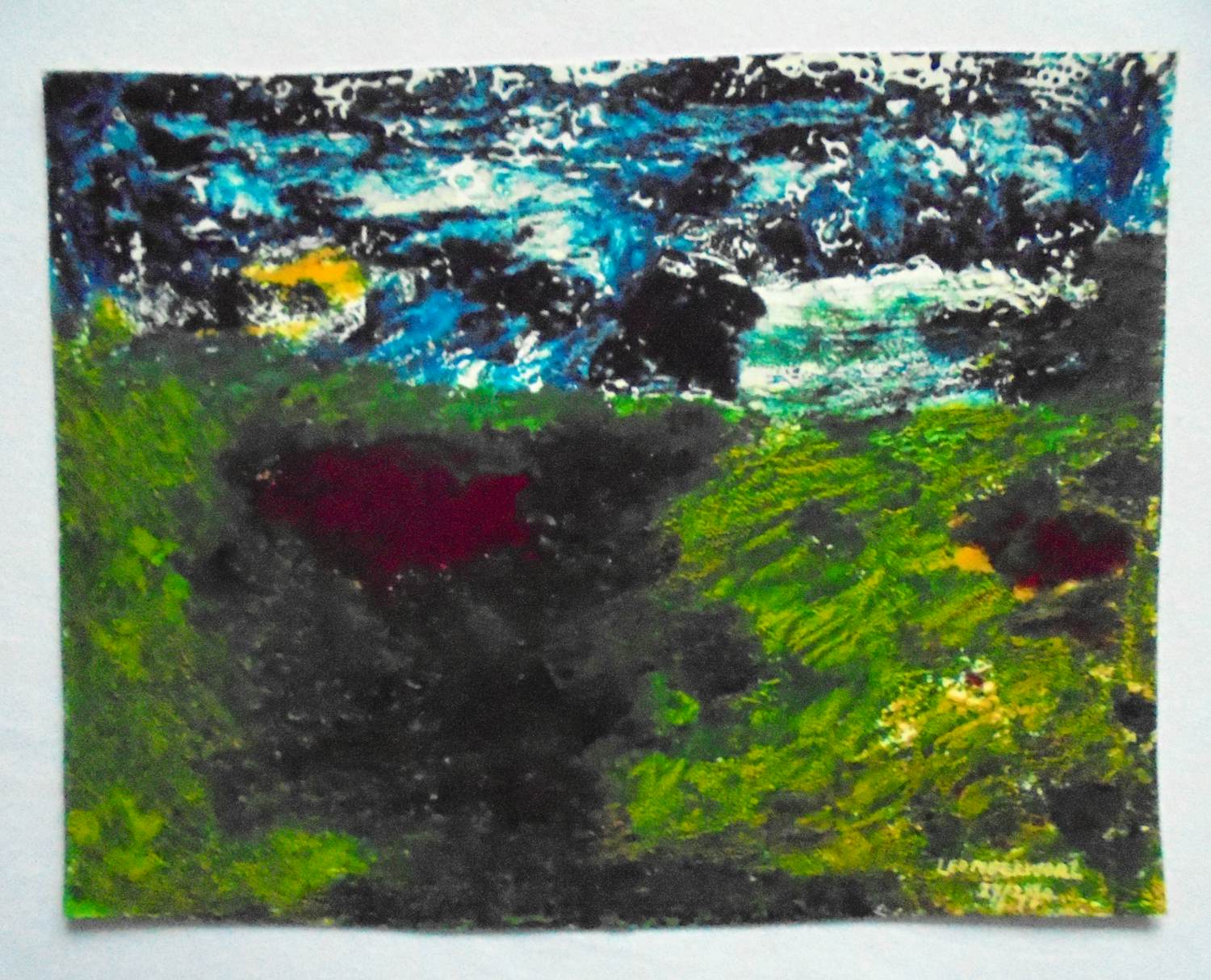 Leo Neervoort - Kleurrijk Landschap, olie op papier.Naïeve kunst. kopen? Bied vanaf 75!